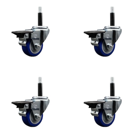 Service Caster 3'' Blue Poly Swivel 3/4'' Expanding Stem Caster Set with Brake, 4PK SCC-EX20S314-PPUB-BLUE-PLB-34-4